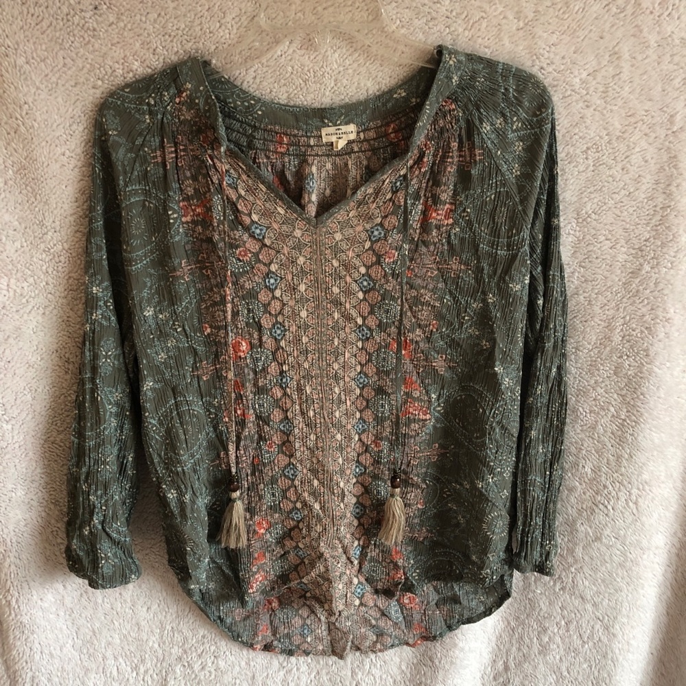 Mason & Belle boho top olive green floral pattern beaded tassel tie at neck M